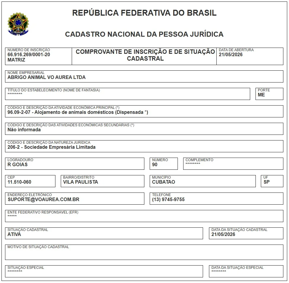 Comprovante CNPJ ABRIGO ANIMAL VO AUREA LTDA